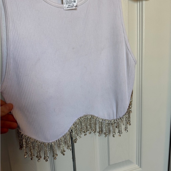 Zara White Ribbed Crop Tank with Rhinestone Fringe - Picture 4 of 7